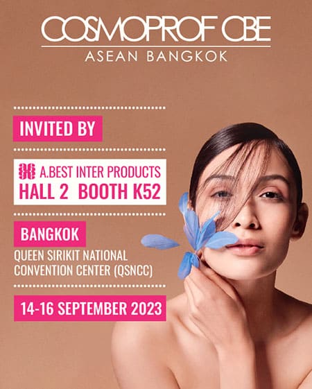 โปสเตอร์ ออกบูธงาน Cosmoprof CBE 2023 จัดที่ศูนย์ประชุมแห่งชาติสิริกิติ์ วันที่ 14-16 กันยายน 2023 เอ.เบสท์ อยู่ Hall2 Booth K52